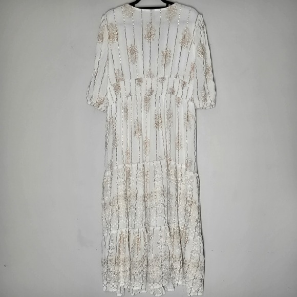 Anthropologie Me 2 Magic Floral Metallic Ivory Gold Tiered Maxi Dress 2X - Picture 7 of 10